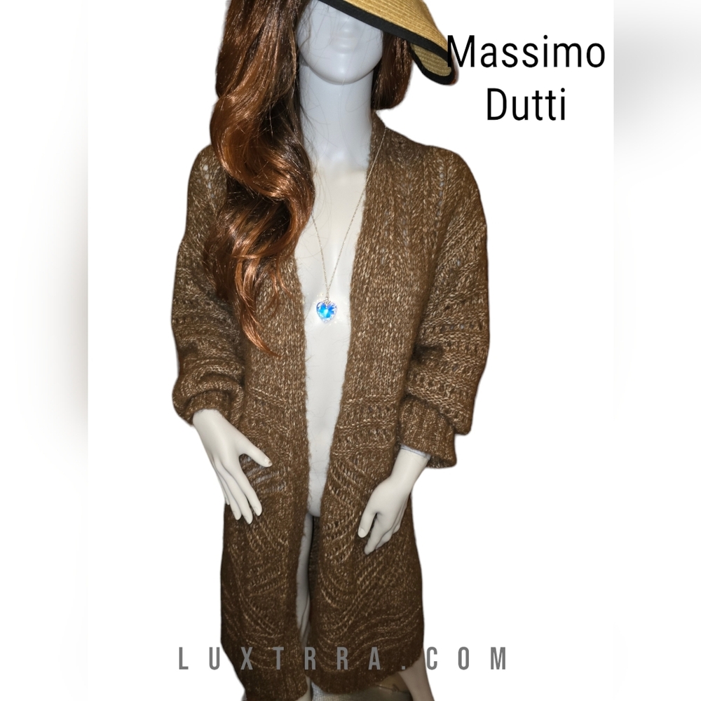 MASSIMO DUTTI LONG LINE CARDIGAN OPEN FRONT LARGE Brown Women's Sweater EUC